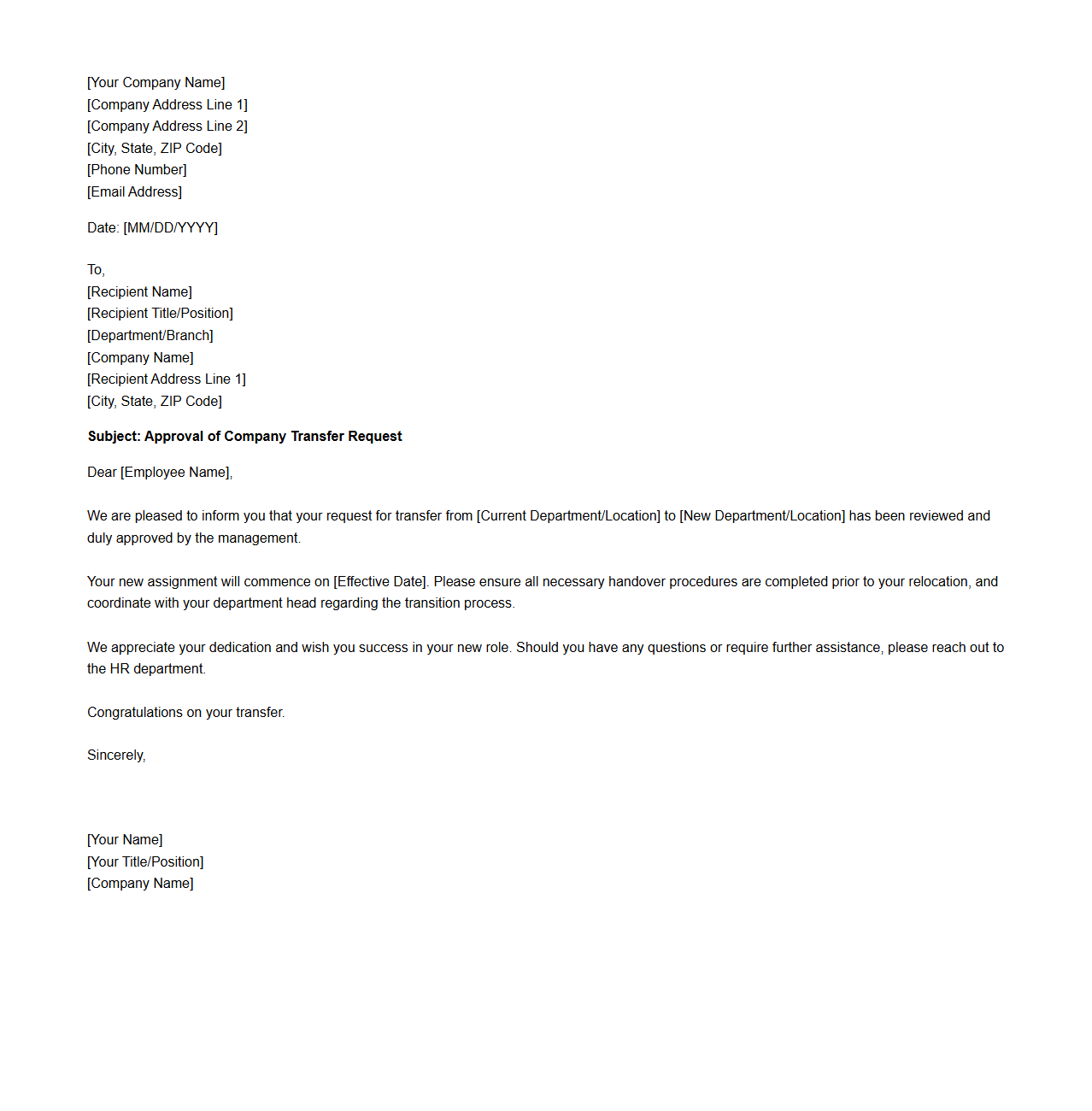 Company Transfer Request Approval Letter Sample