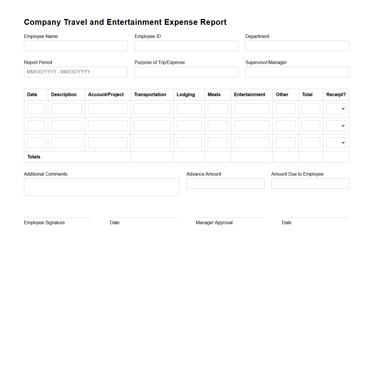 Company Travel and Entertainment Expense Report
