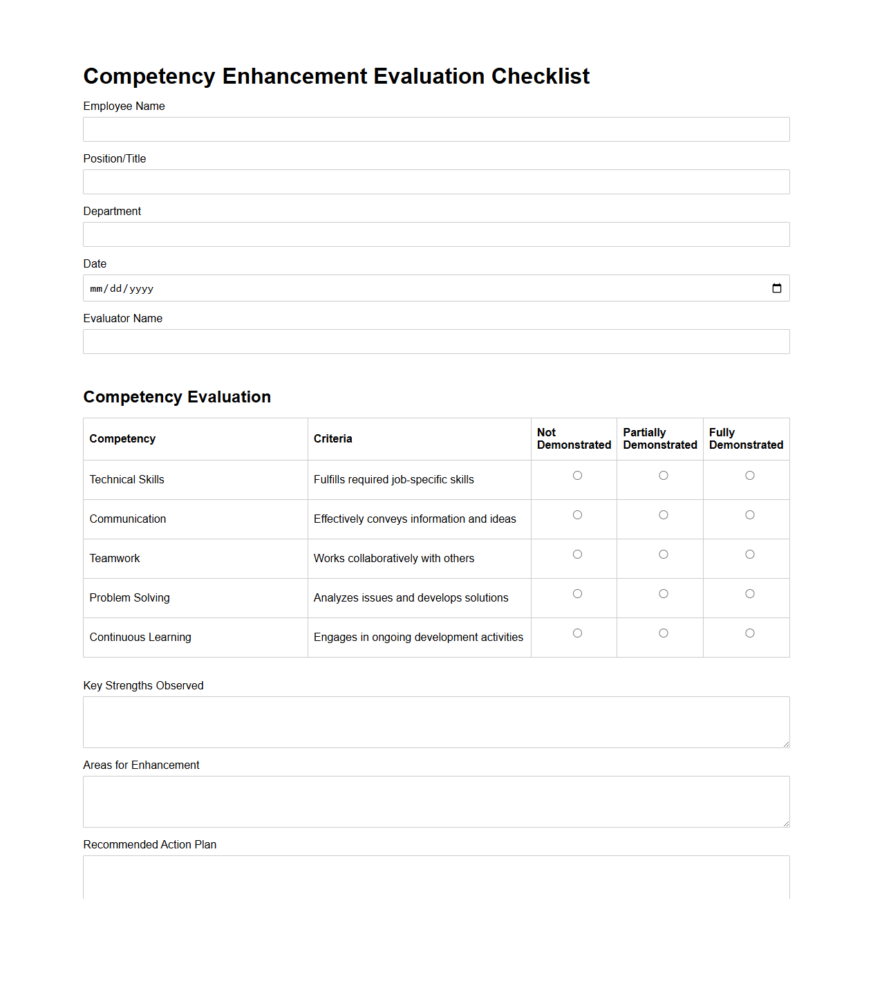 Competency Enhancement Evaluation Checklist
