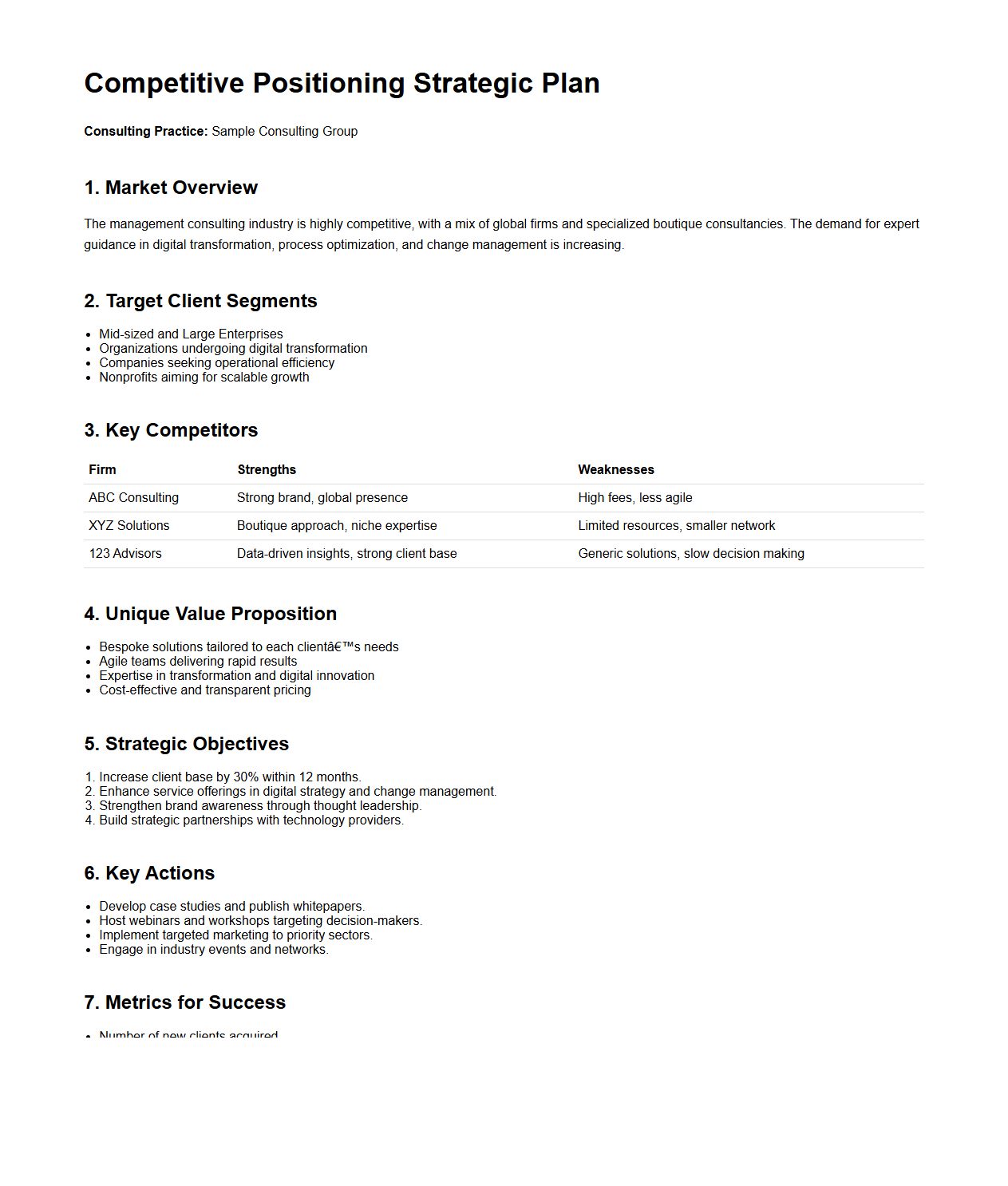 Competitive Positioning Strategic Plan Example for Consulting Practices