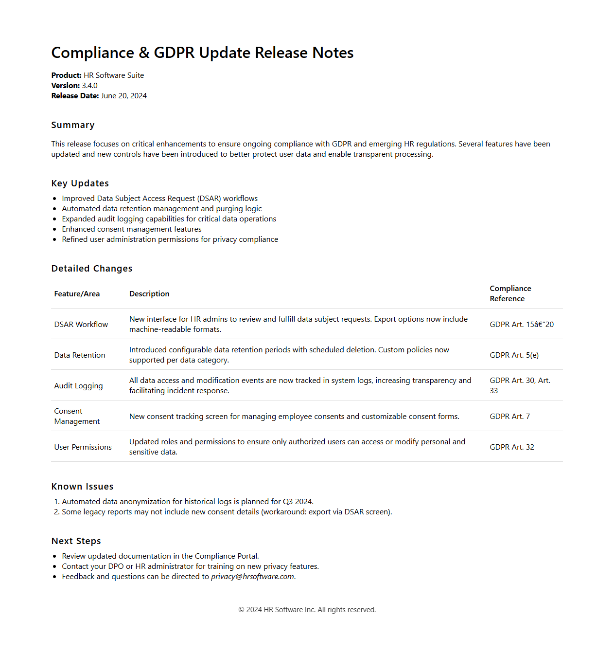 Compliance and GDPR Update Release Notes for HR Software