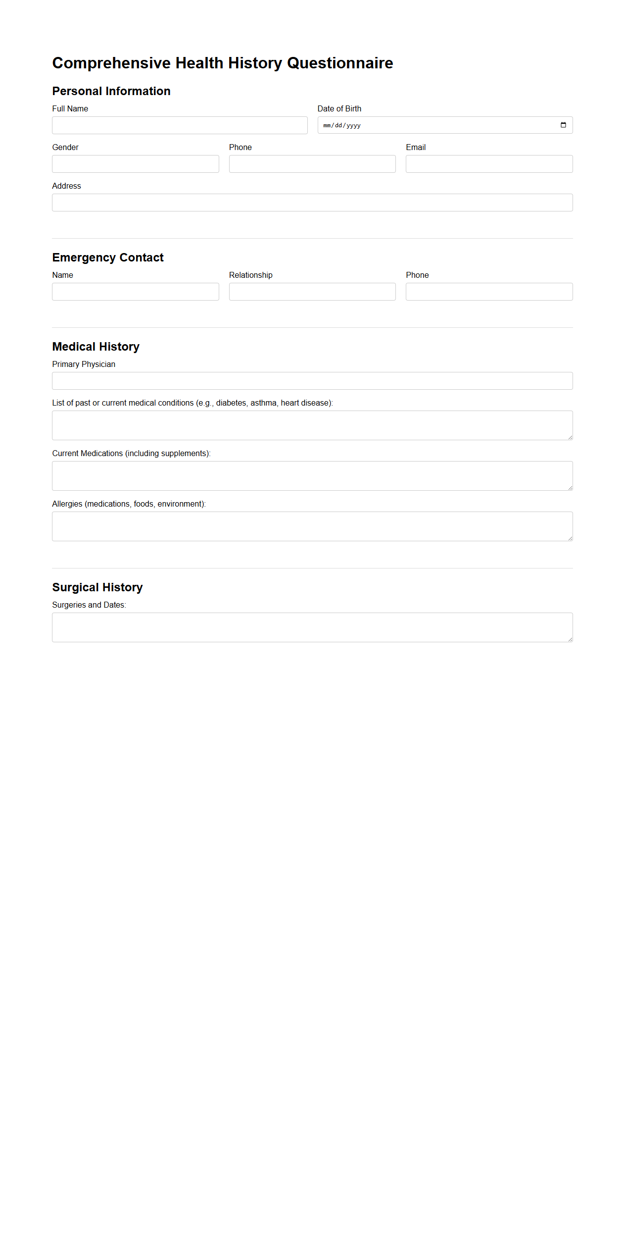 Comprehensive Health History Questionnaire Template
