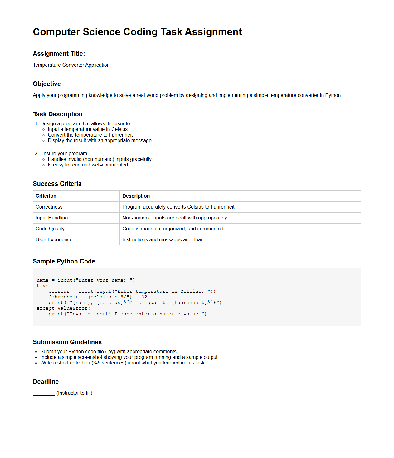 Computer Science Coding Task Assignment Sample for Secondary Education