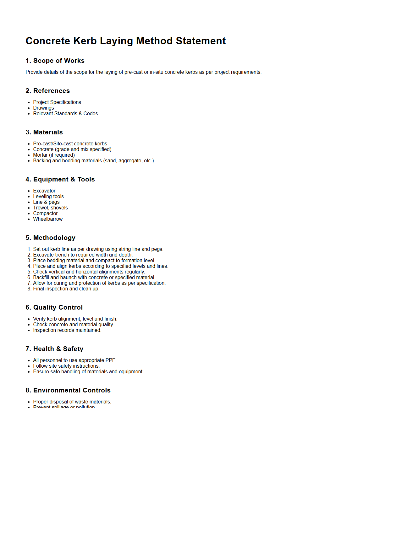 Concrete Kerb Laying Method Statement Layout
