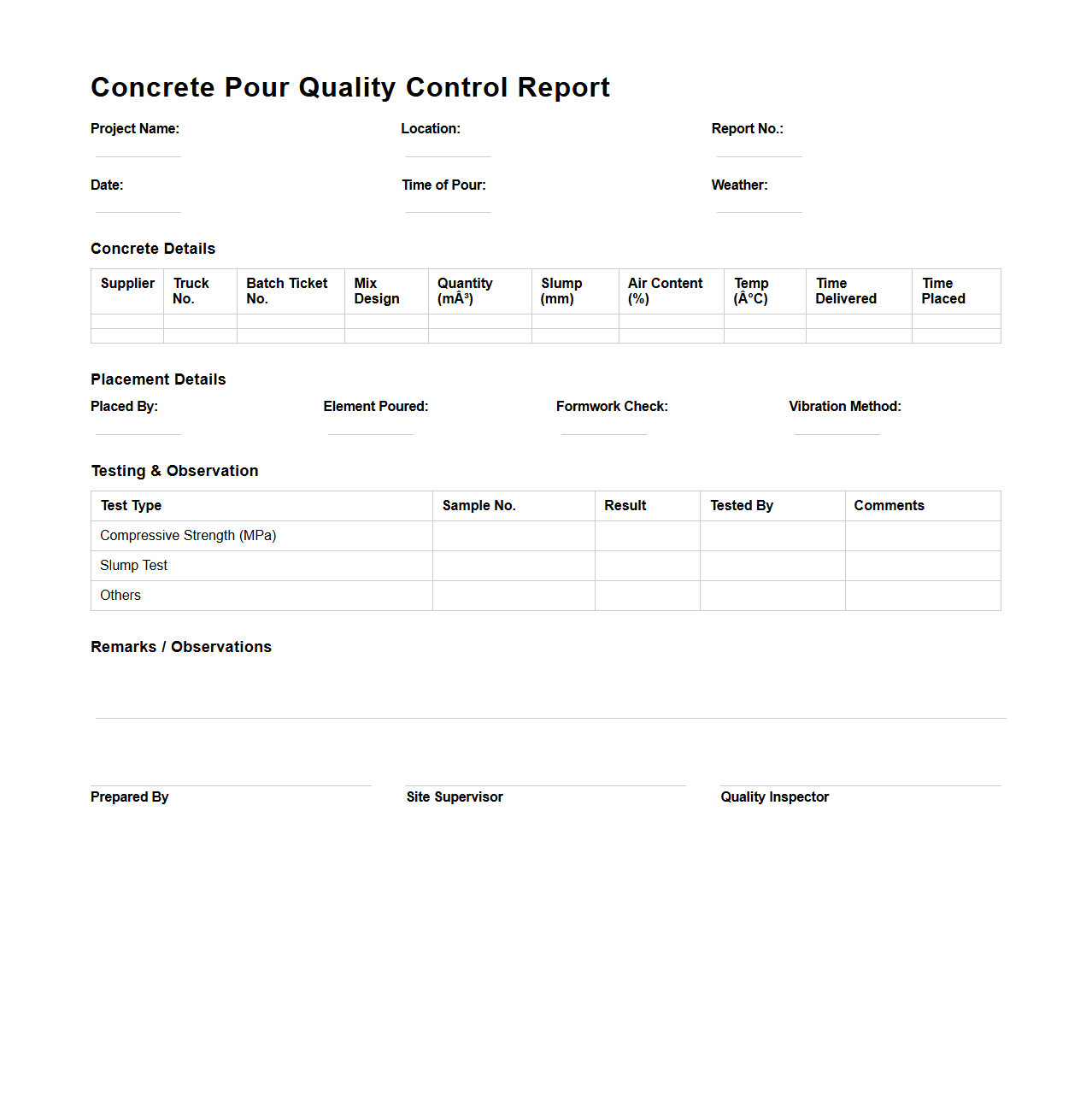 Concrete Pour Quality Control Report Template