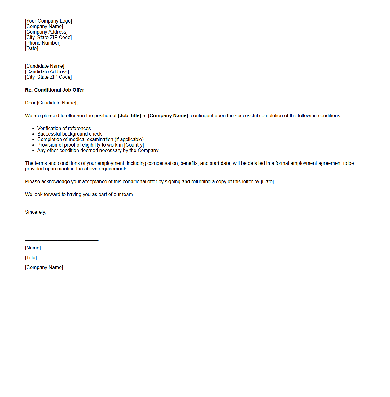 Conditional Job Offer Letter Template