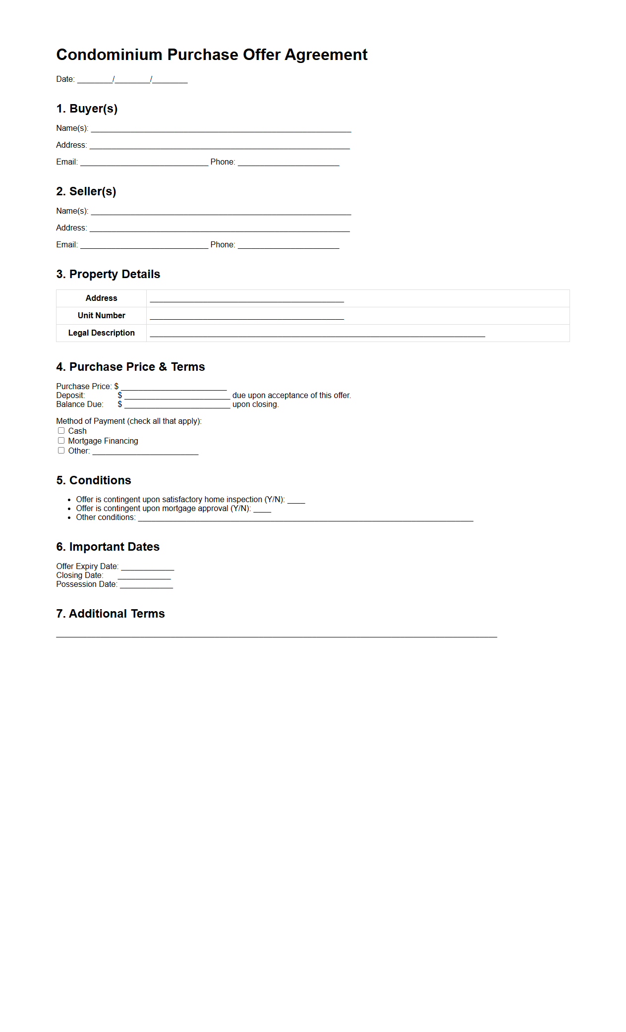 Condominium Purchase Offer Agreement Sample
