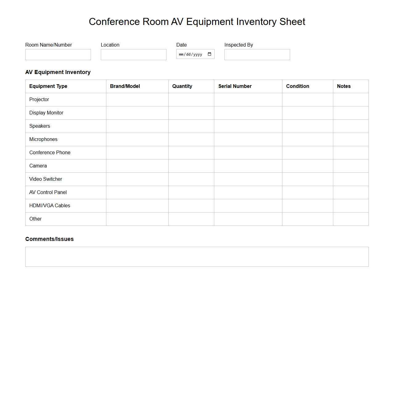 Conference Room AV Equipment Inventory Sheet