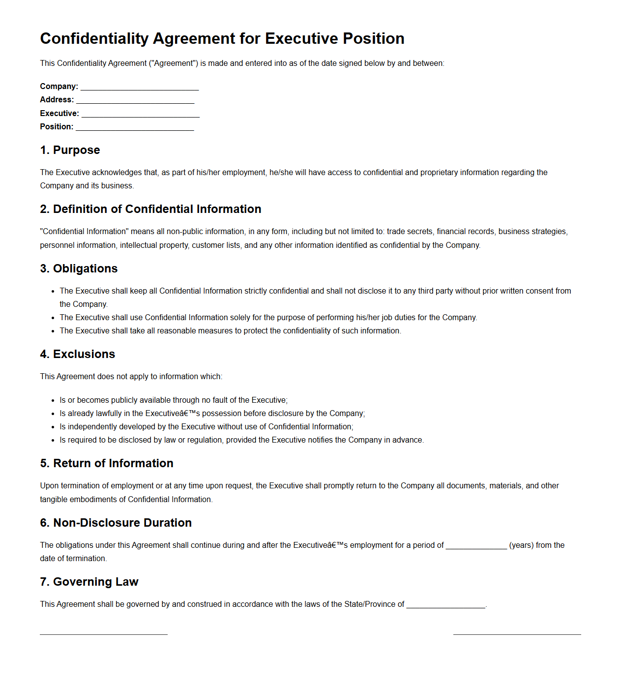 Confidentiality Agreement for Executive Positions