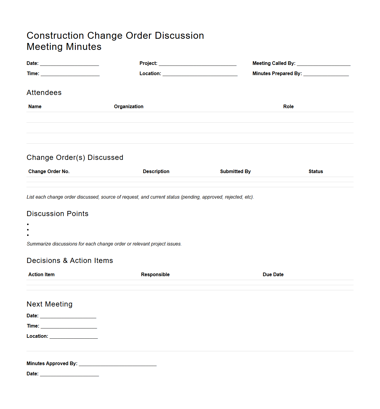 Construction Change Order Discussion Meeting Minutes