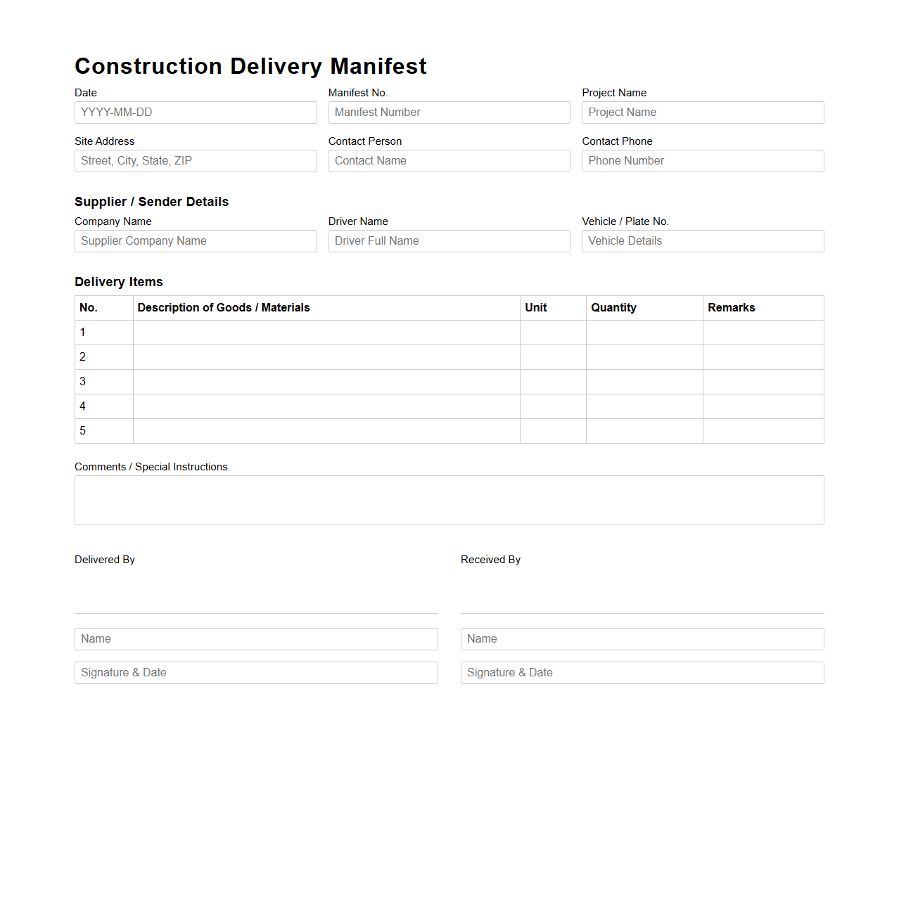 Construction Delivery Manifest Template