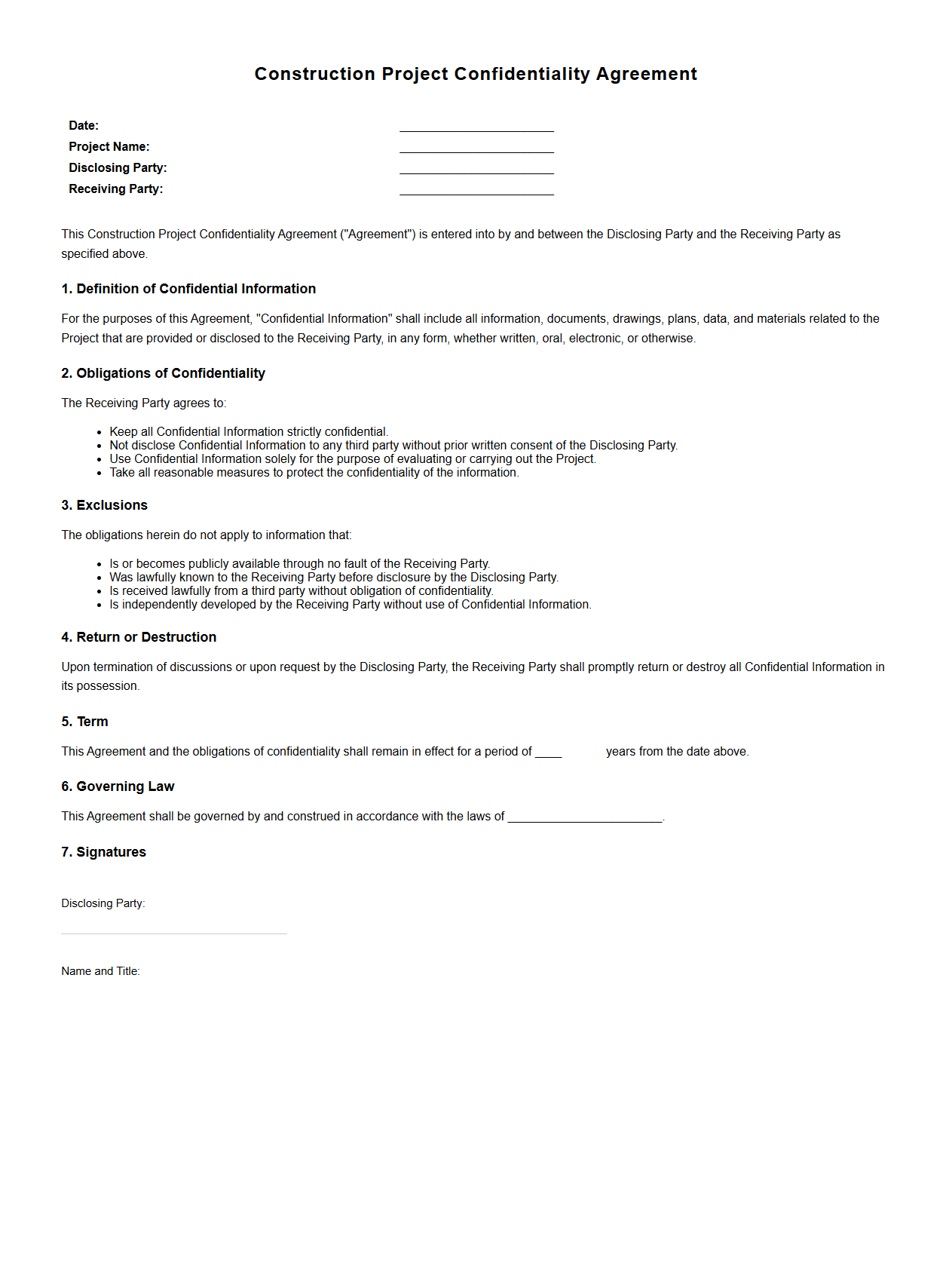Construction Project Confidentiality Agreement Sample