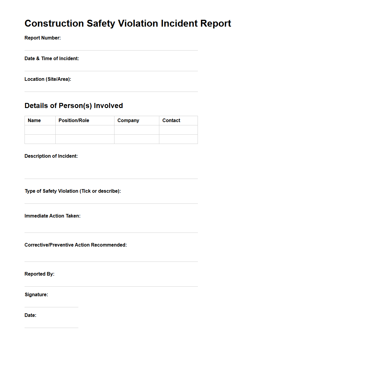 Construction Safety Violation Incident Report Sample