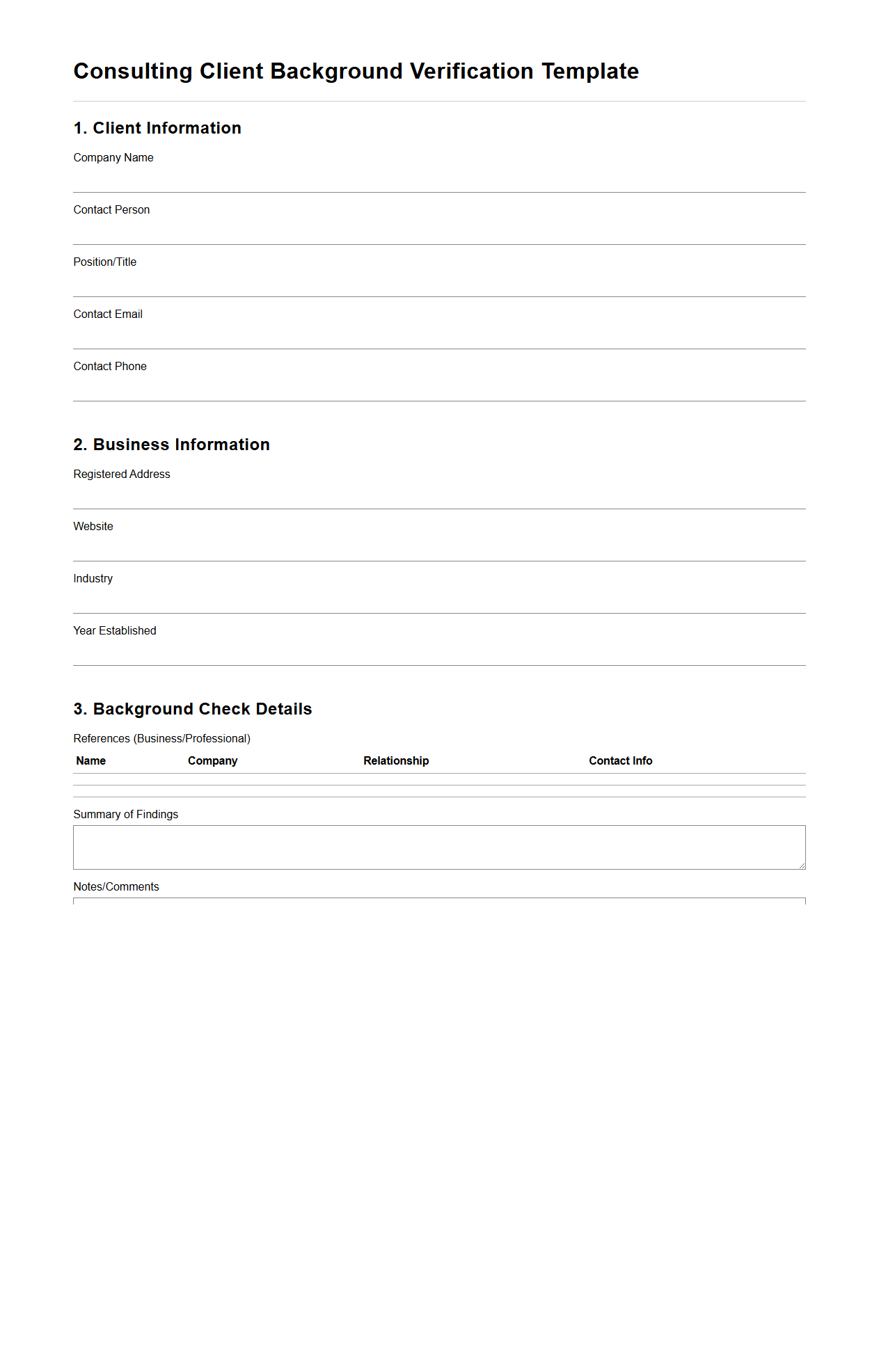 Consulting Client Background Verification Template