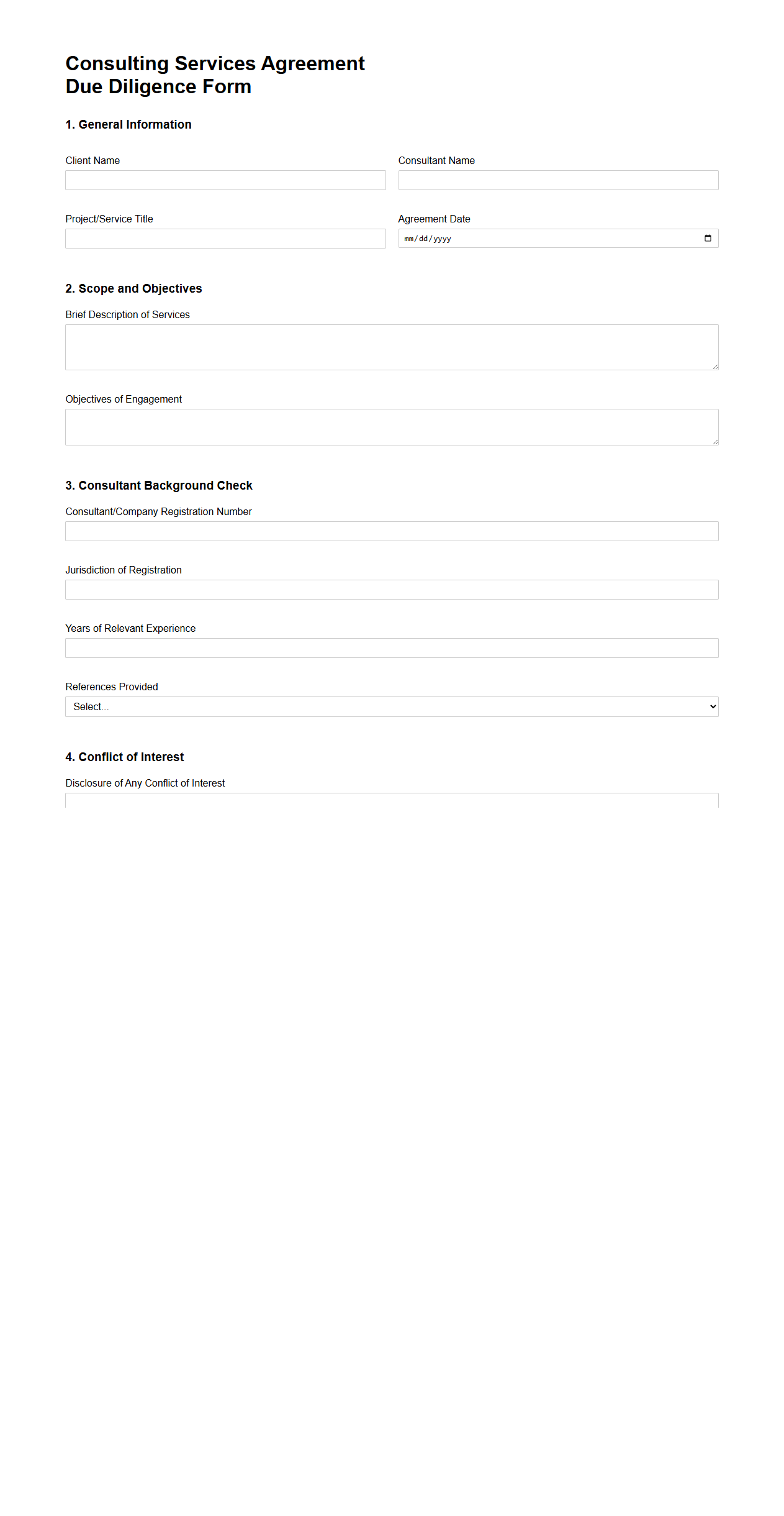 Consulting Services Agreement Due Diligence Form