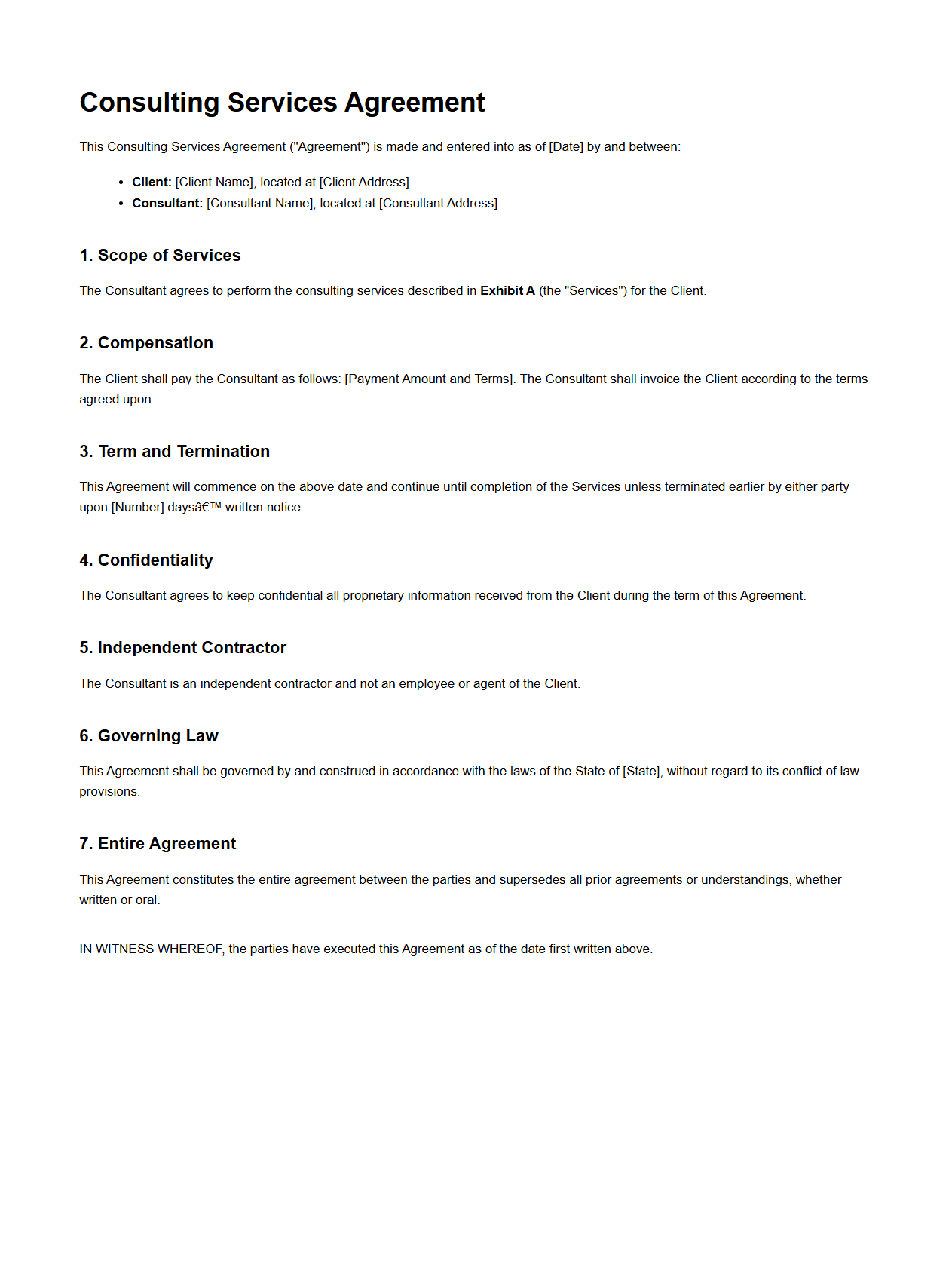 Consulting Services Agreement Sample
