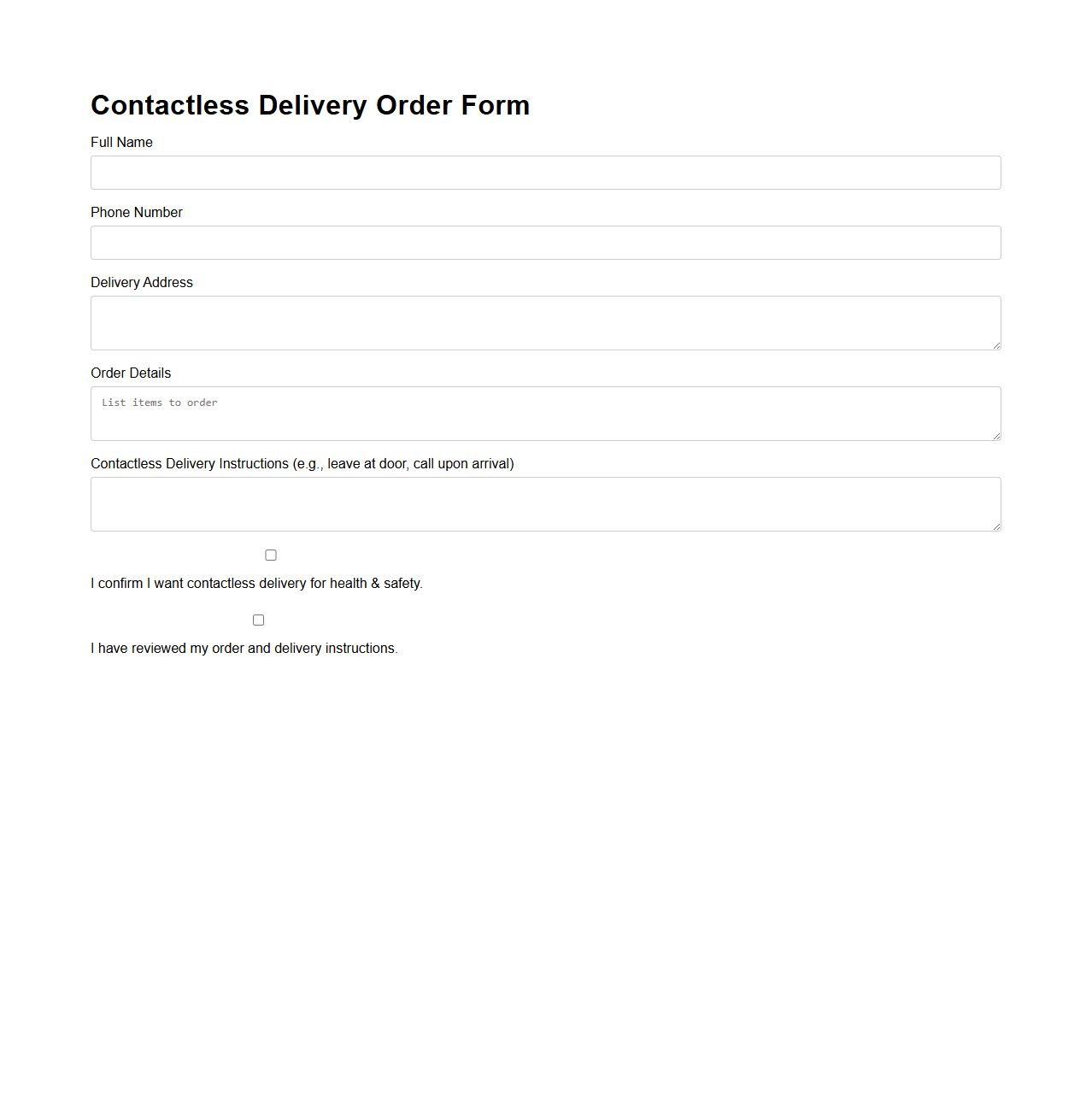 Contactless Delivery Order Form for Health & Safety