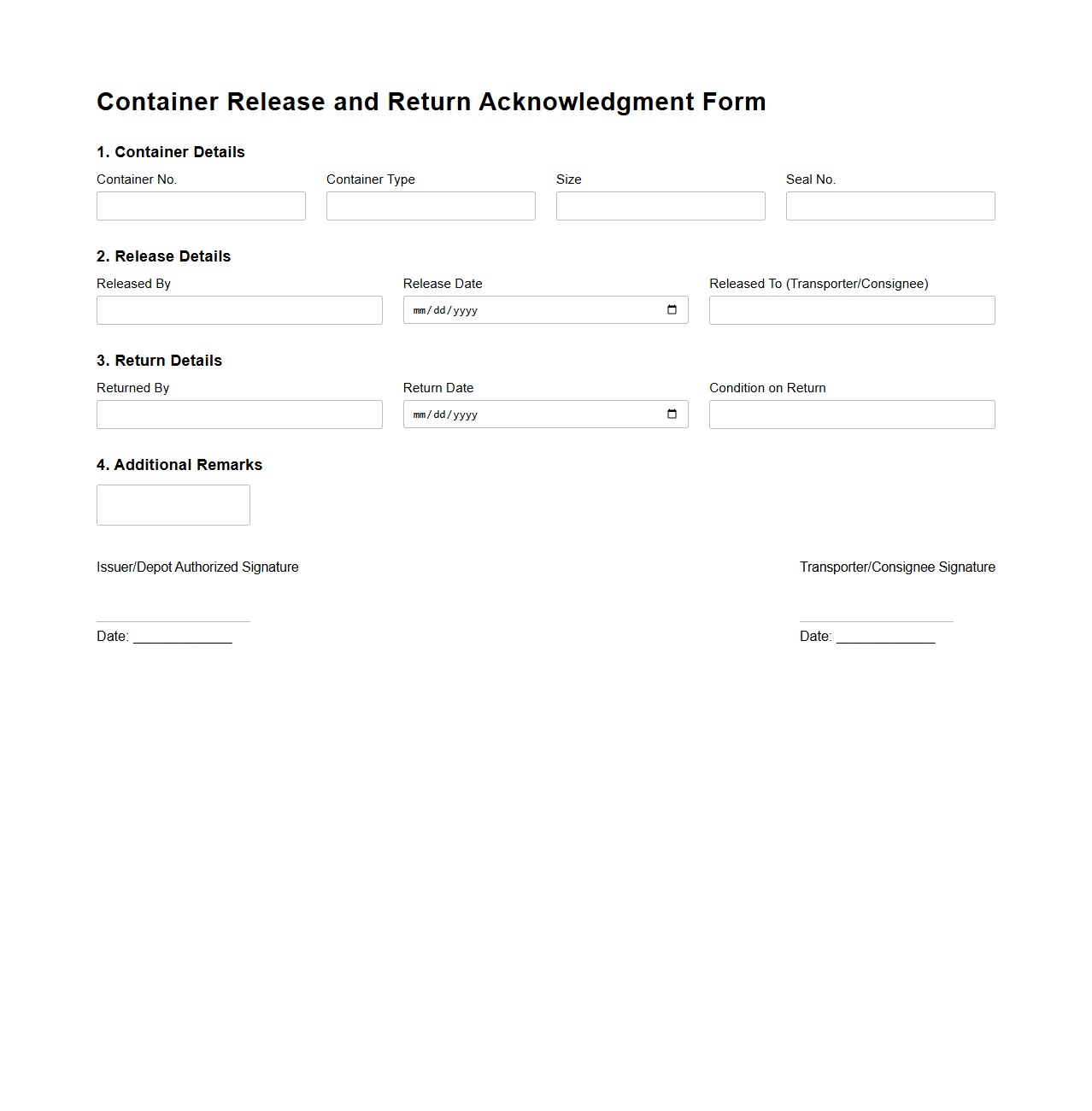 Container Release and Return Acknowledgment Form