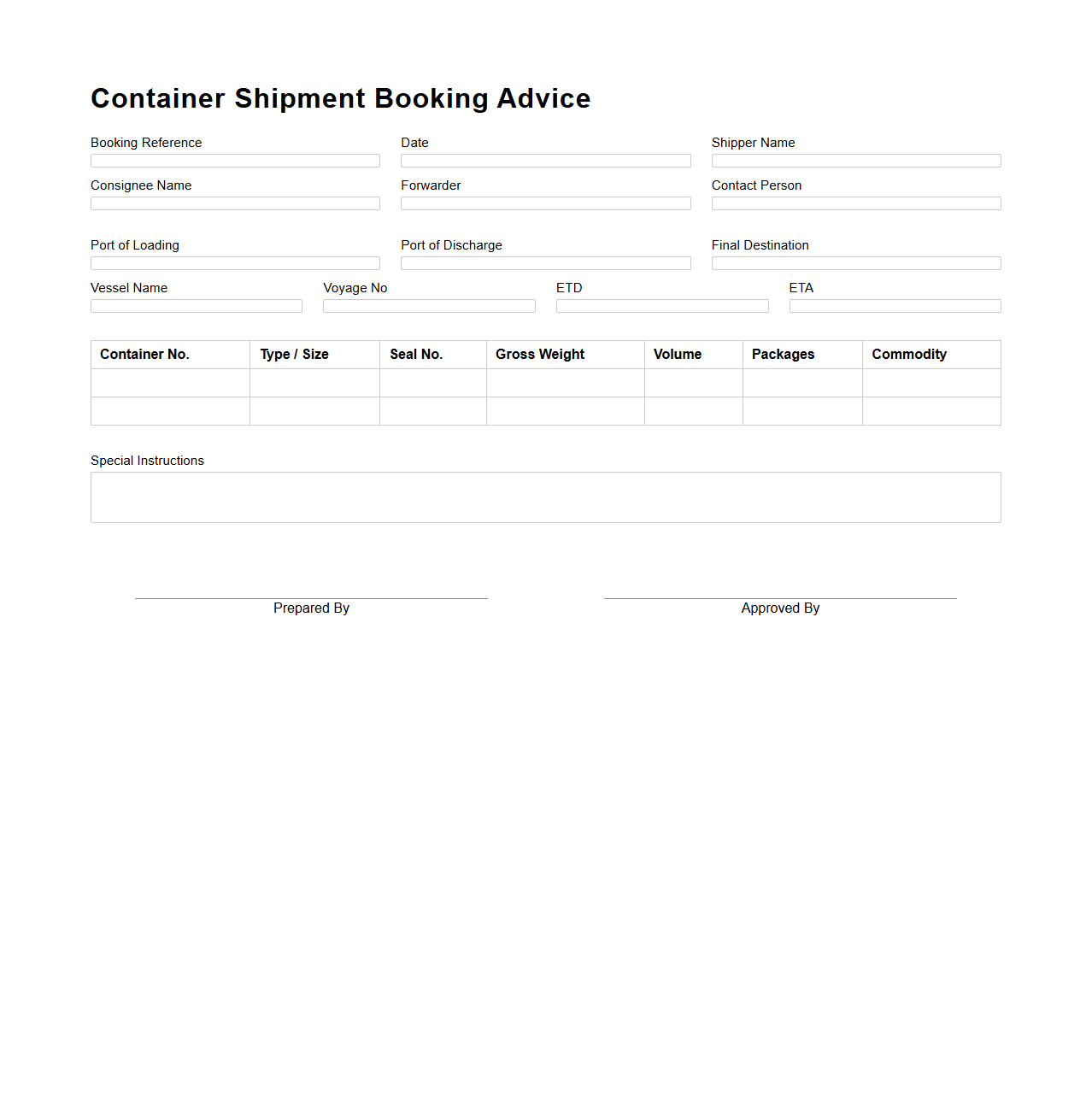 Container Shipment Booking Advice Format