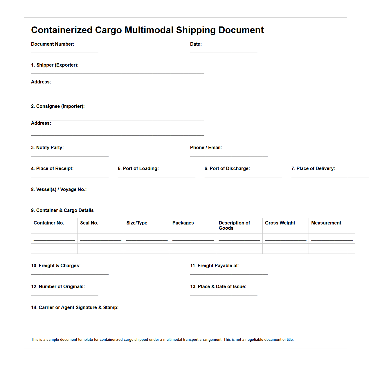 Containerized Cargo Multimodal Shipping Document Sample