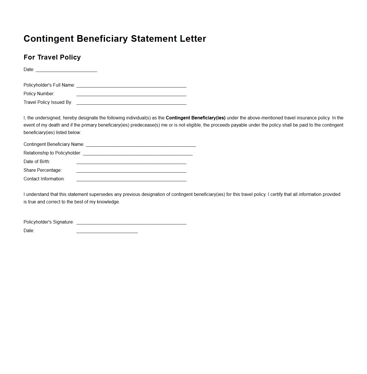 Contingent Beneficiary Statement Letter for Travel Policy