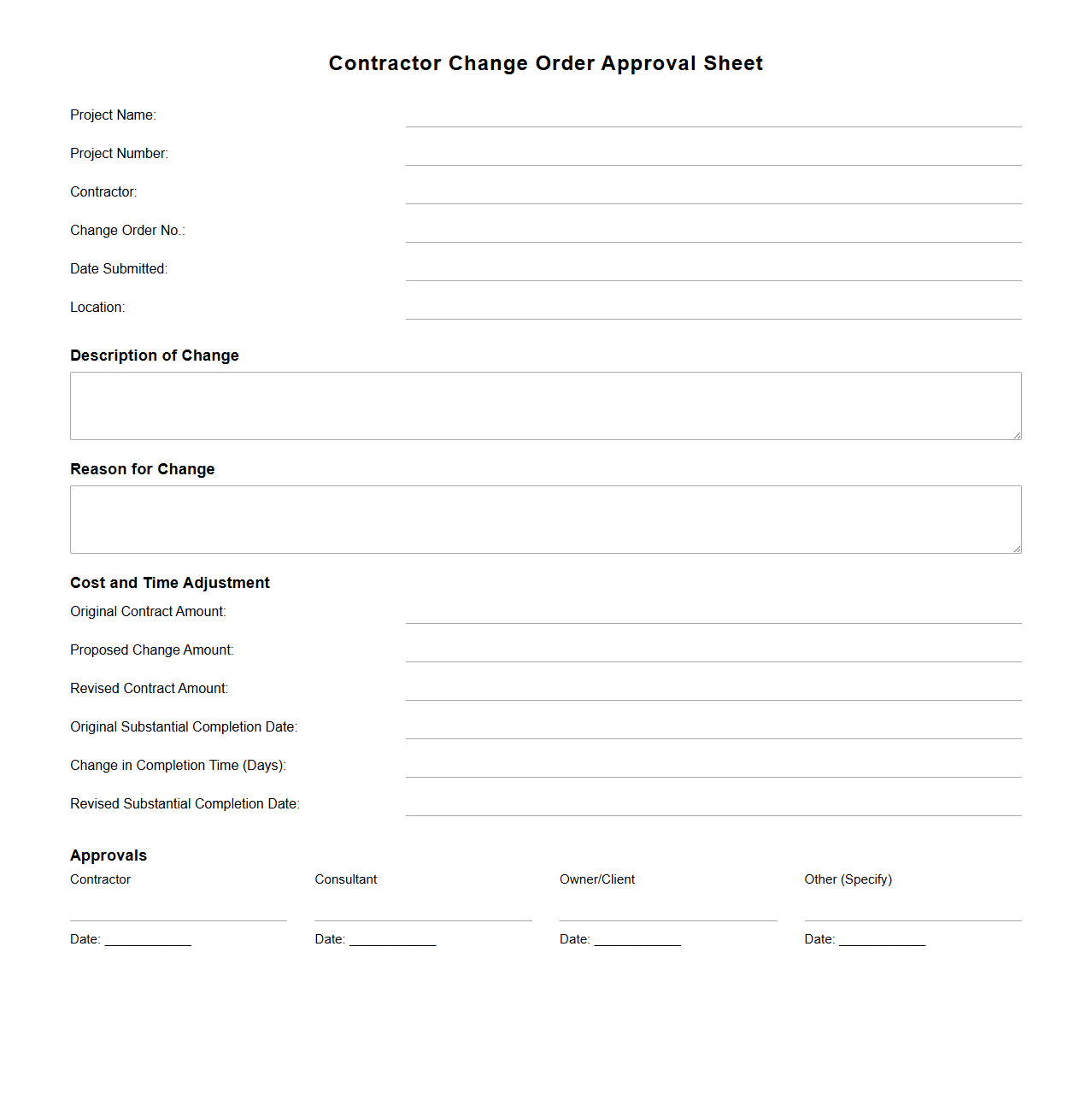 Contractor Change Order Approval Sheet