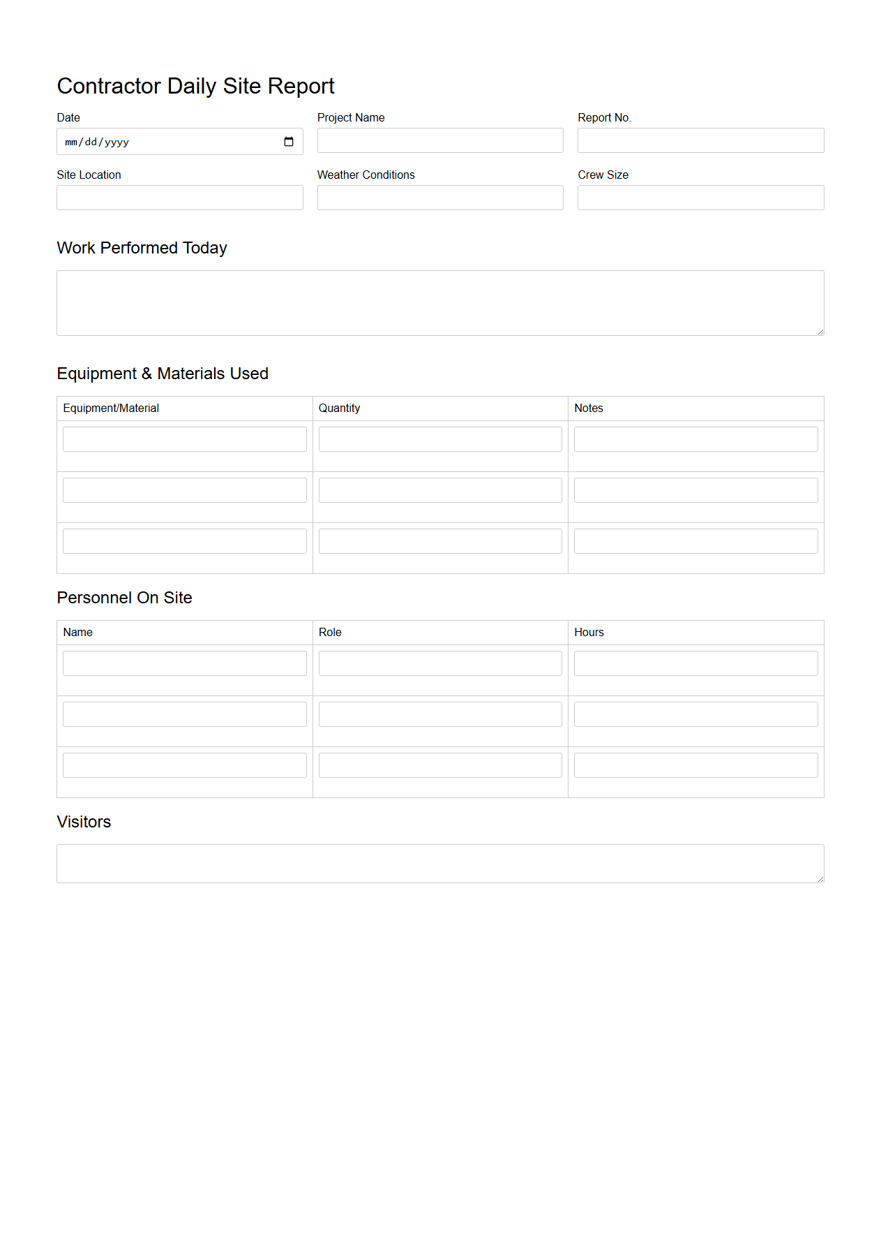 Contractor Daily Site Report Form