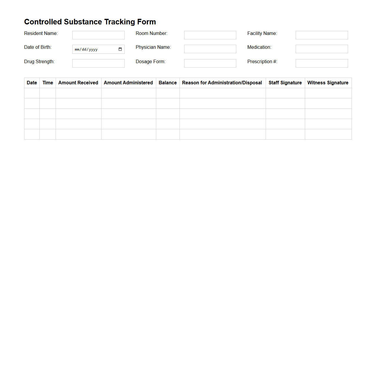 Controlled Substance Tracking Form for Nursing Homes