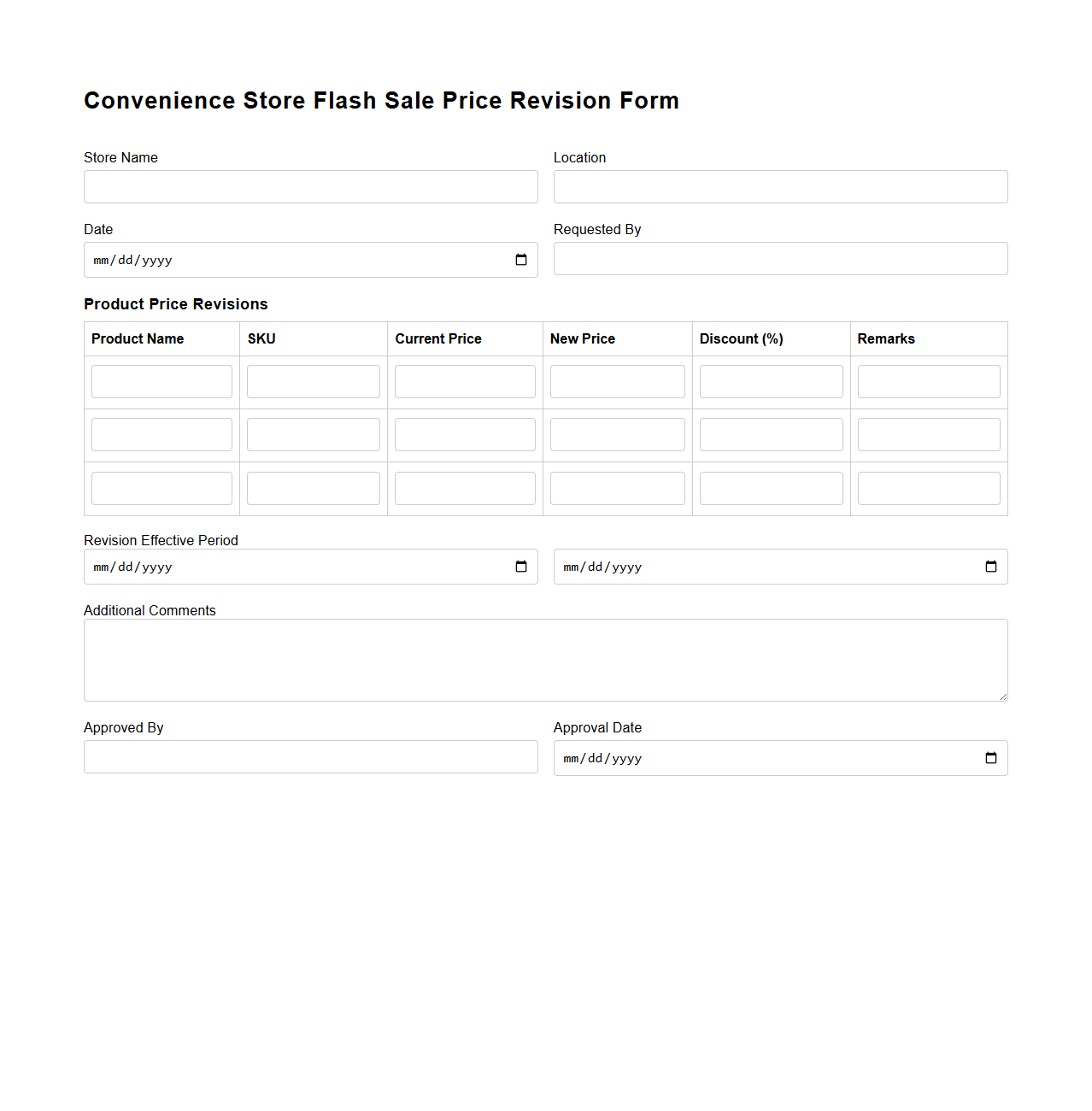 Convenience Store Flash Sale Price Revision Form
