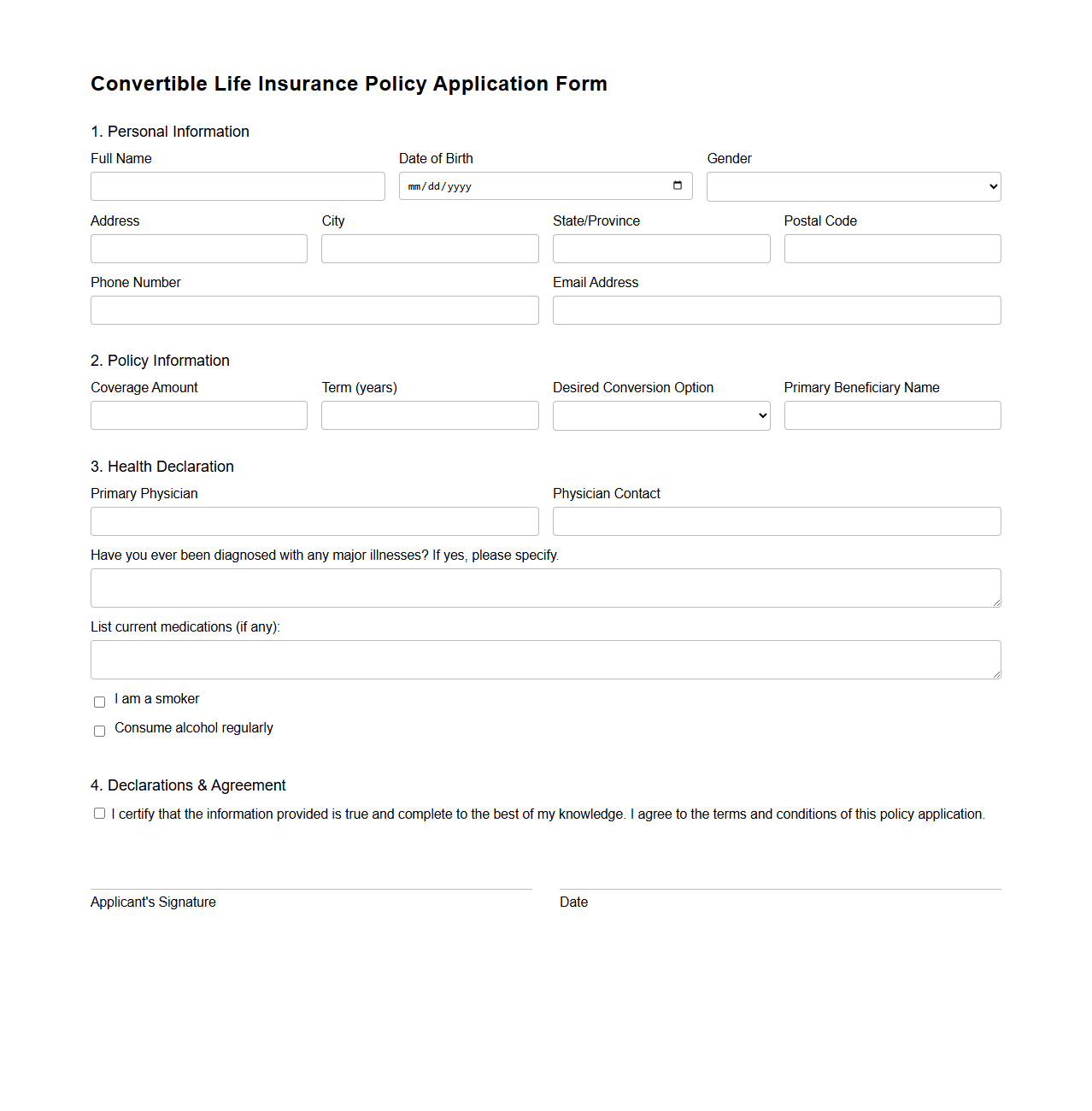 Convertible Life Insurance Policy Application Form