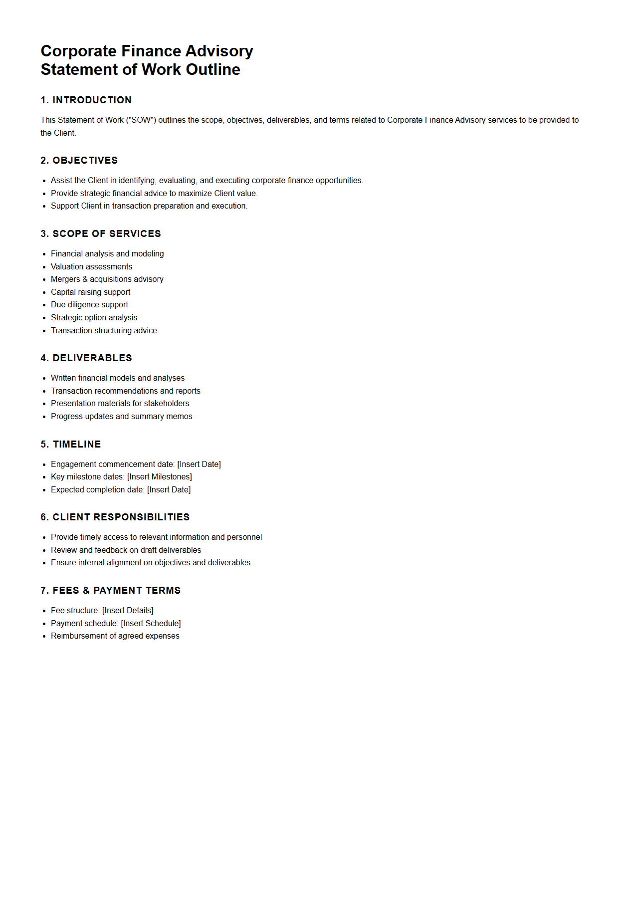 Corporate Finance Advisory Statement of Work Outline
