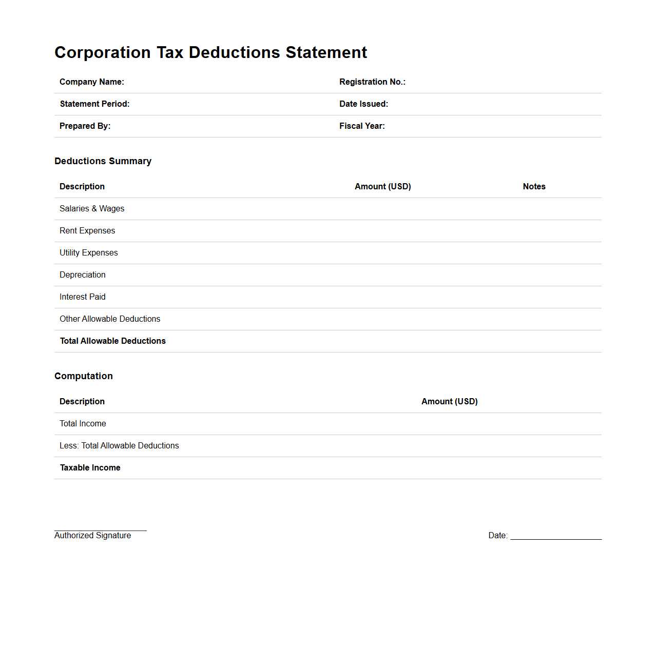 Corporation Tax Deductions Statement Sample