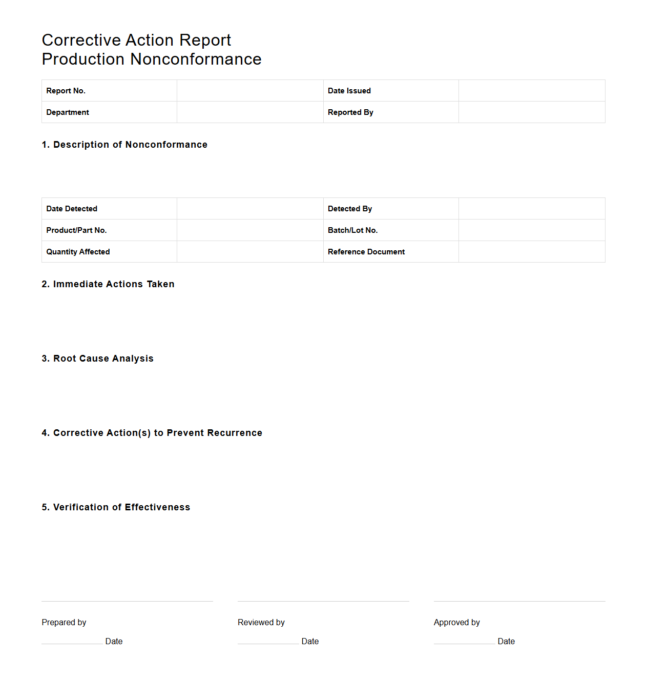 Corrective Action Report for Production Nonconformance