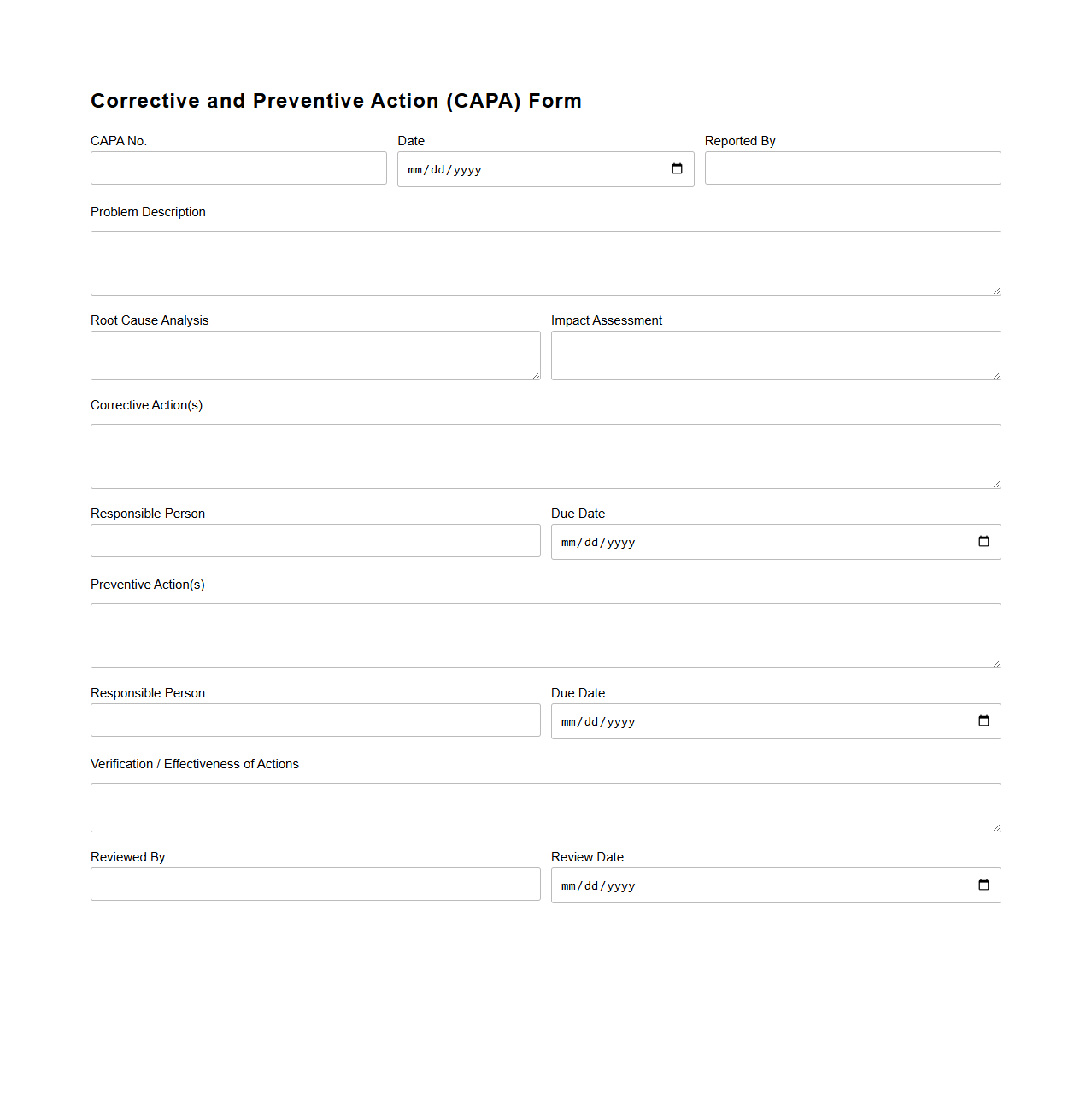 Corrective and Preventive Action (CAPA) Form
