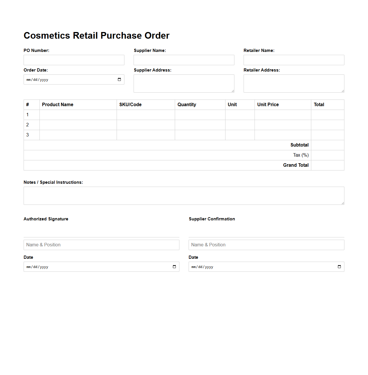 Cosmetics Retail Purchase Order Format