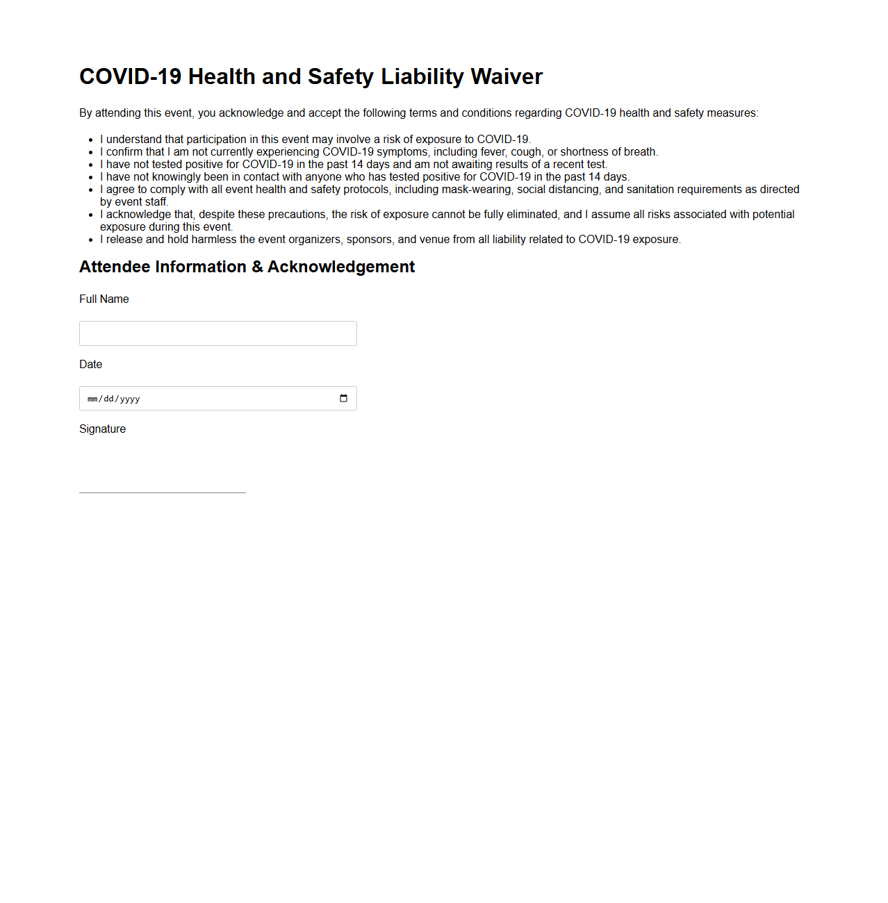 COVID-19 Health and Safety Liability Waiver for Events