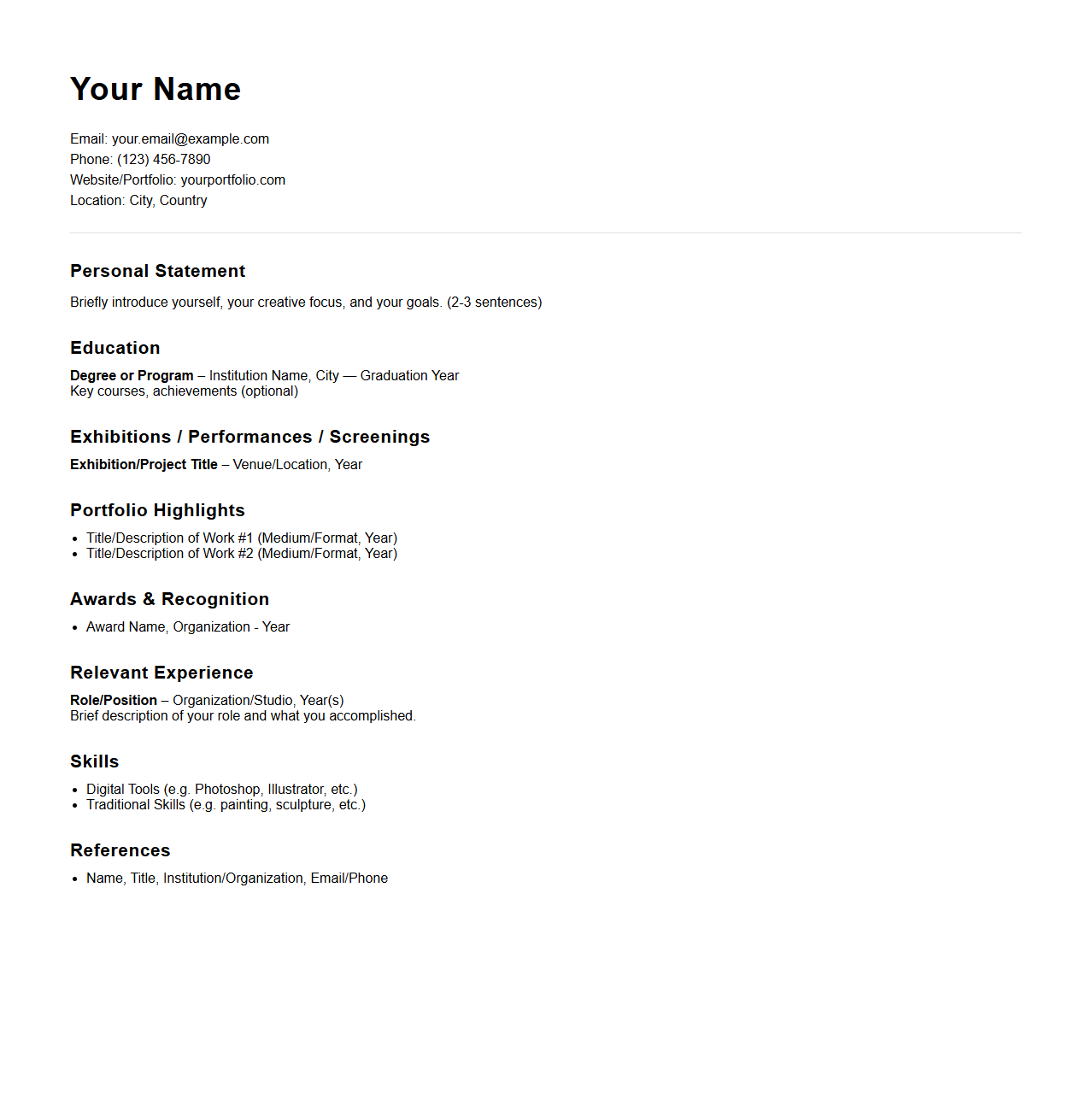 Creative Arts Student Curriculum Vitae Outline for Portfolio Submission
