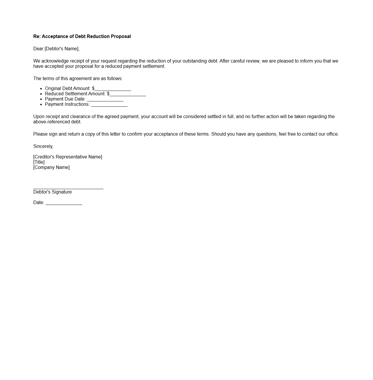 Creditor Acceptance Letter for Debt Reduction