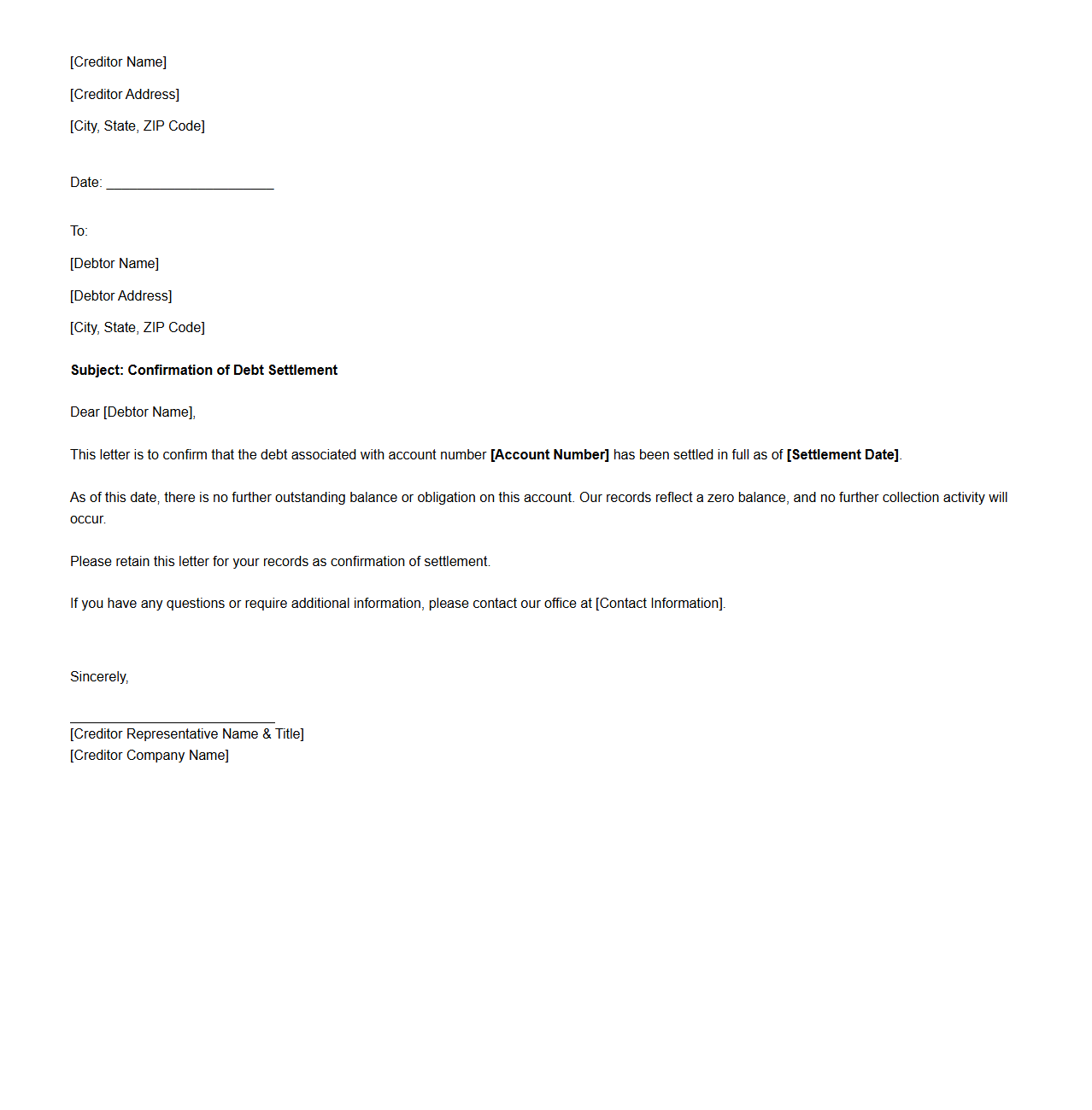 Creditor Confirmation Letter for Settled Debt