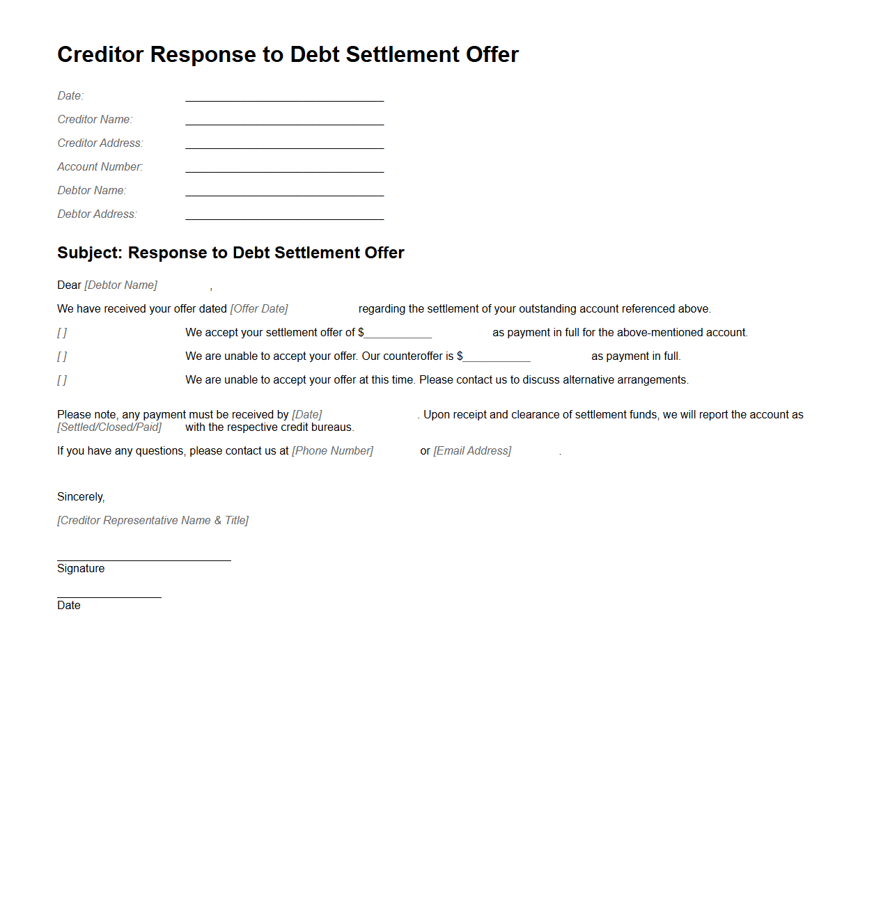 Creditor Response to Debt Settlement Offer