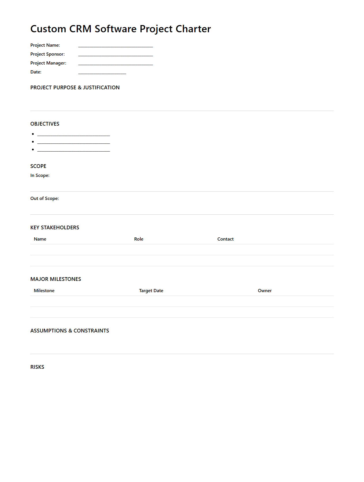 Custom CRM Software Project Charter Format