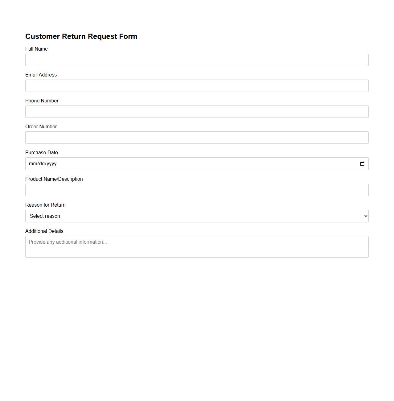 Customer Return Request Form for Retail Transactions