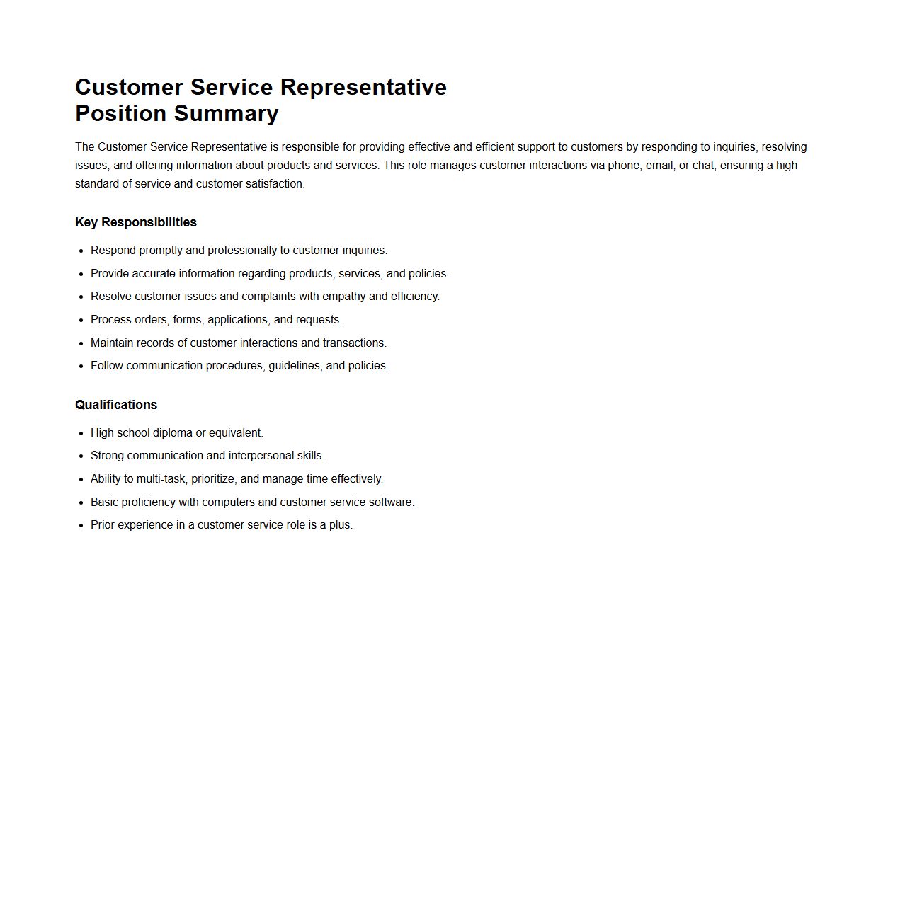 Customer Service Representative Position Summary