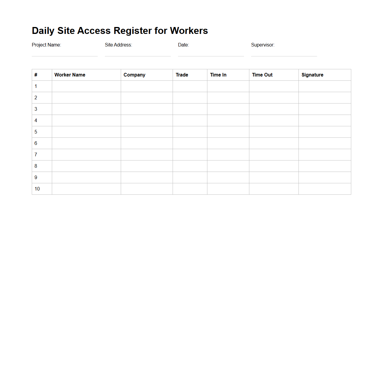 Daily Site Access Register for Workers