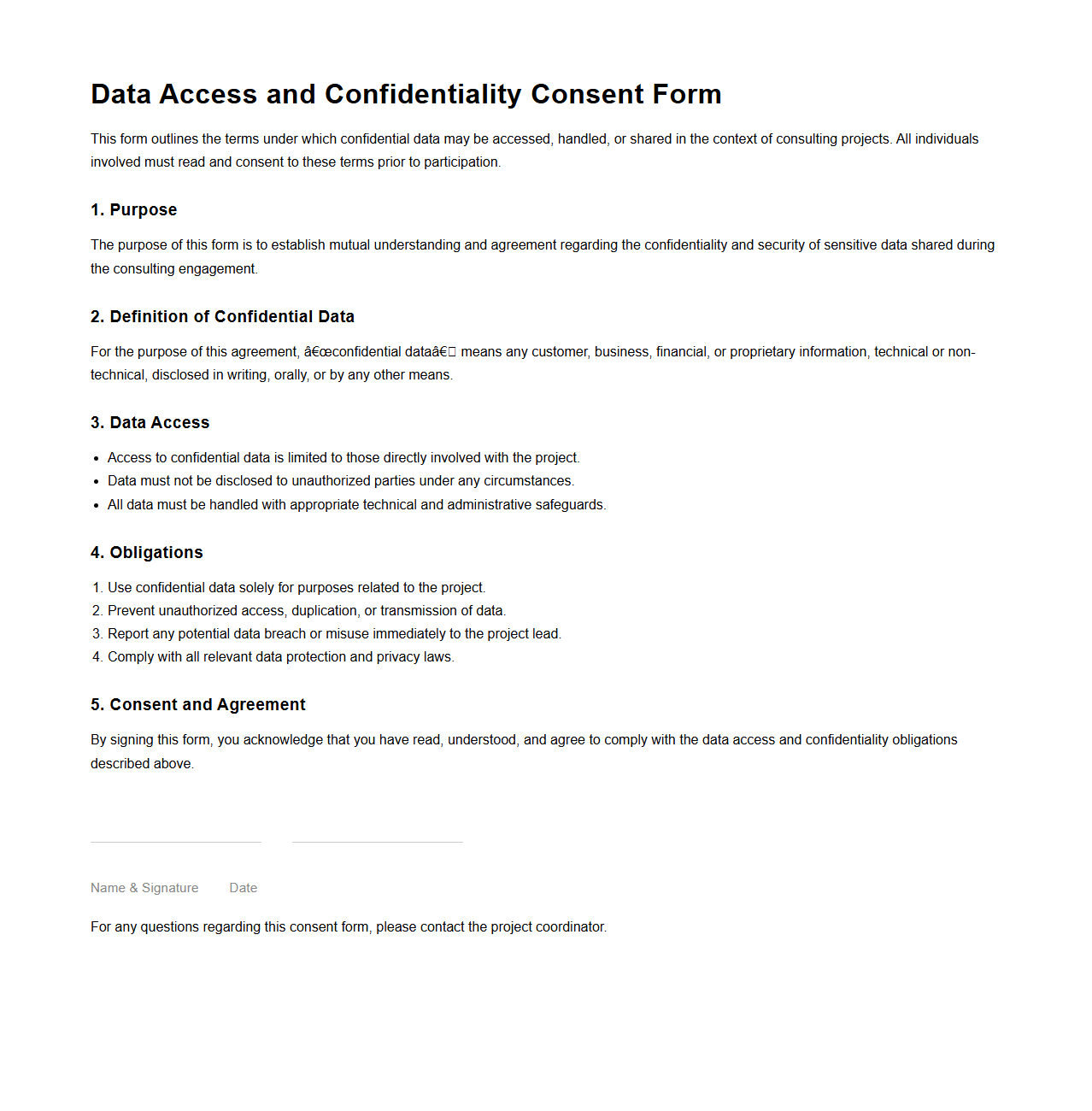 Data Access and Confidentiality Consent Form for Consulting Projects
