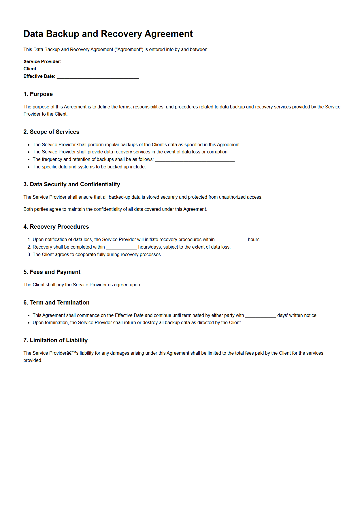 Data Backup and Recovery Agreement Sample