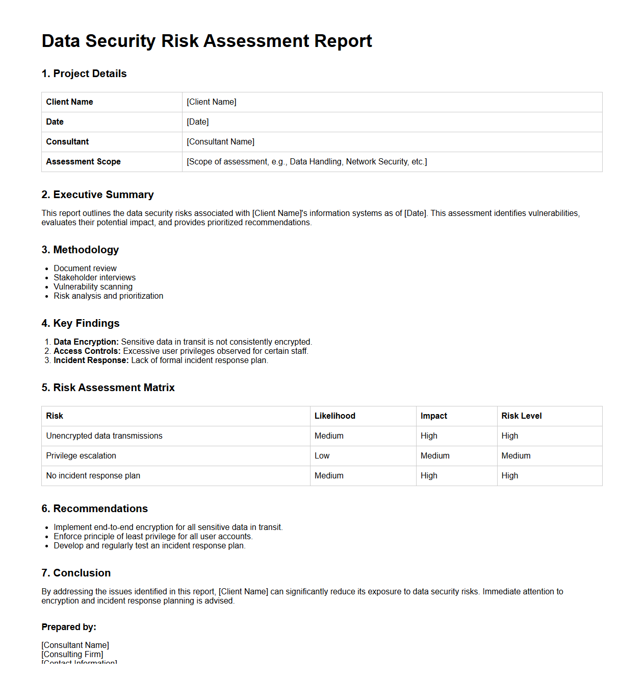 Data Security Risk Assessment Report Example for Consultants
