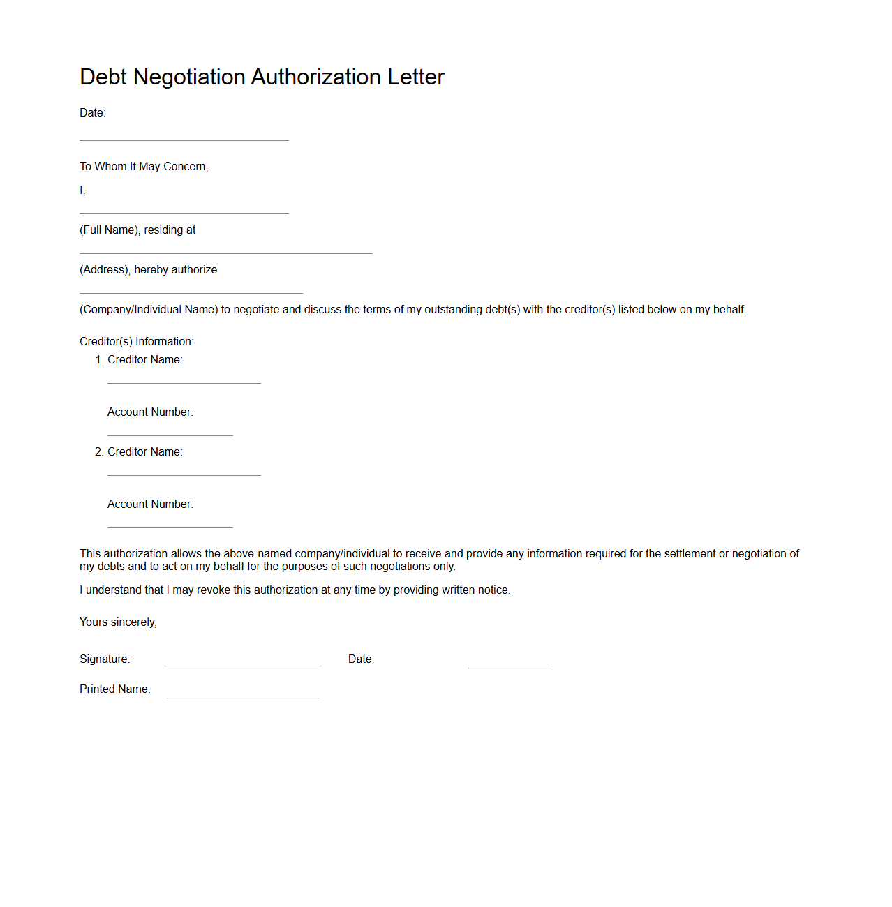Debt Negotiation Authorization Letter