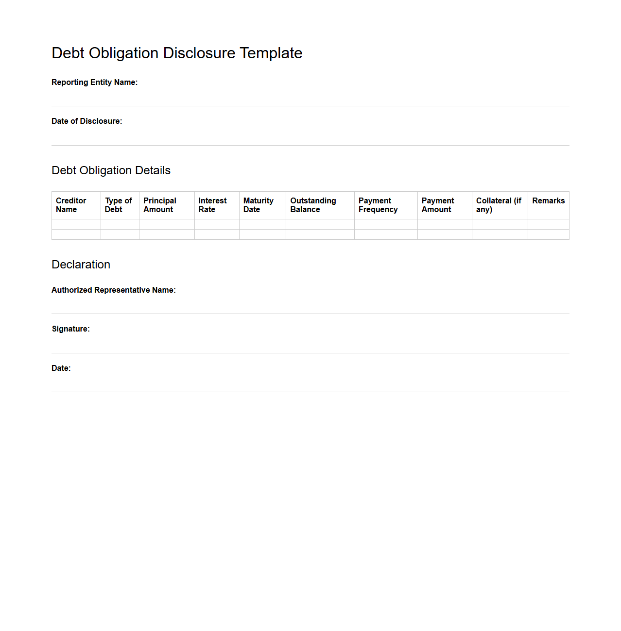 Debt Obligation Disclosure Template