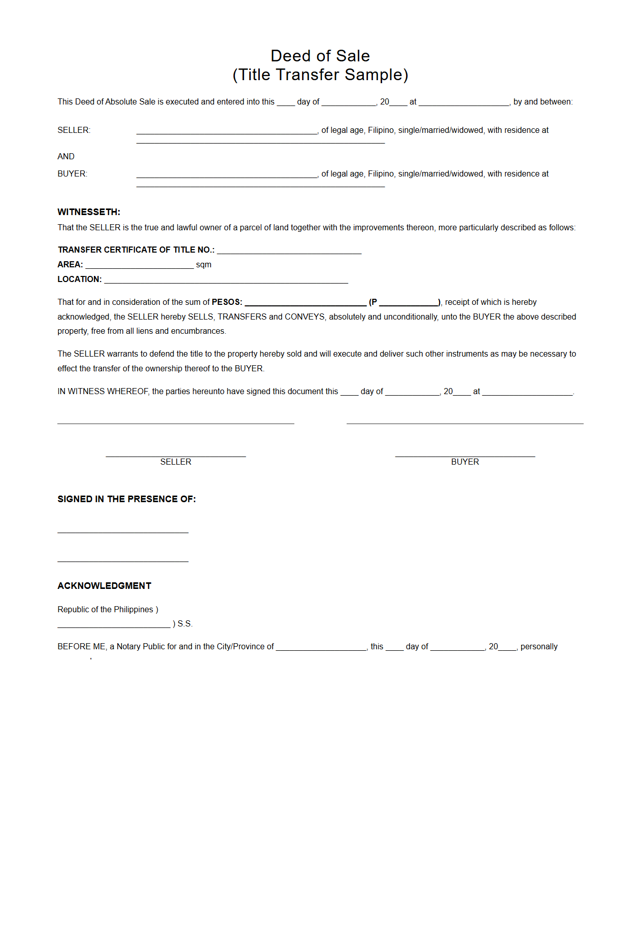 Deed of Sale Title Transfer Sample
